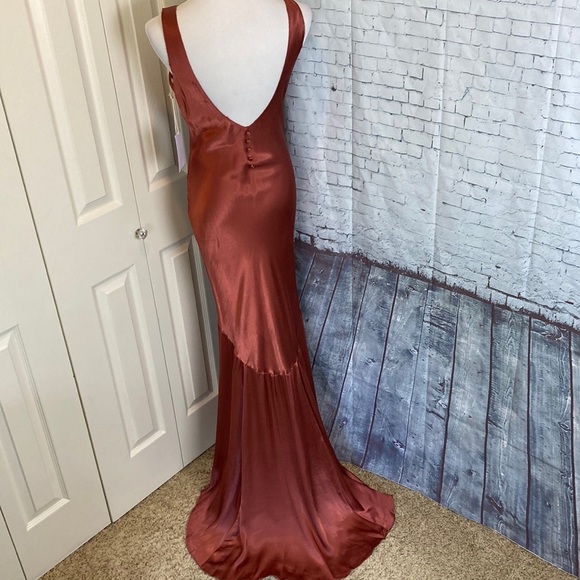 If By The Sea NWT Anthropologie Maxi Dress Button Back Train Detail Copper Sz S - Picture 1 of 16